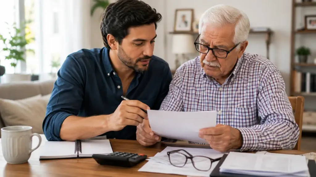 Family reviewing home care budget and financial planning documents.