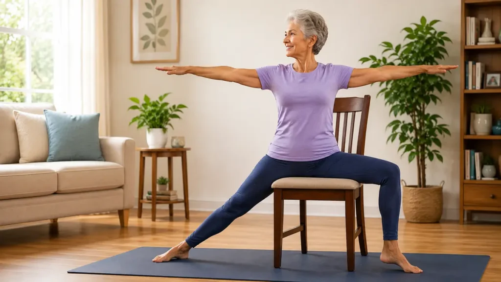 Senior woman performing Chair Warrior II (Virabhadrasana II) yoga pose at home to improve balance, flexibility, and lower body strength.
