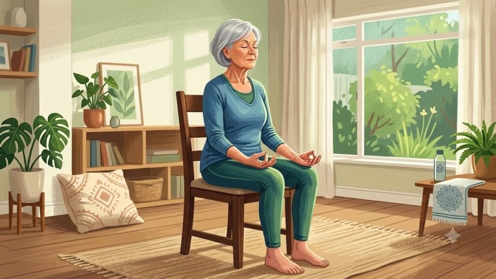 Chair Yoga Seated Mountain Pose for seniors practiced by an elderly woman at home in a bright living room