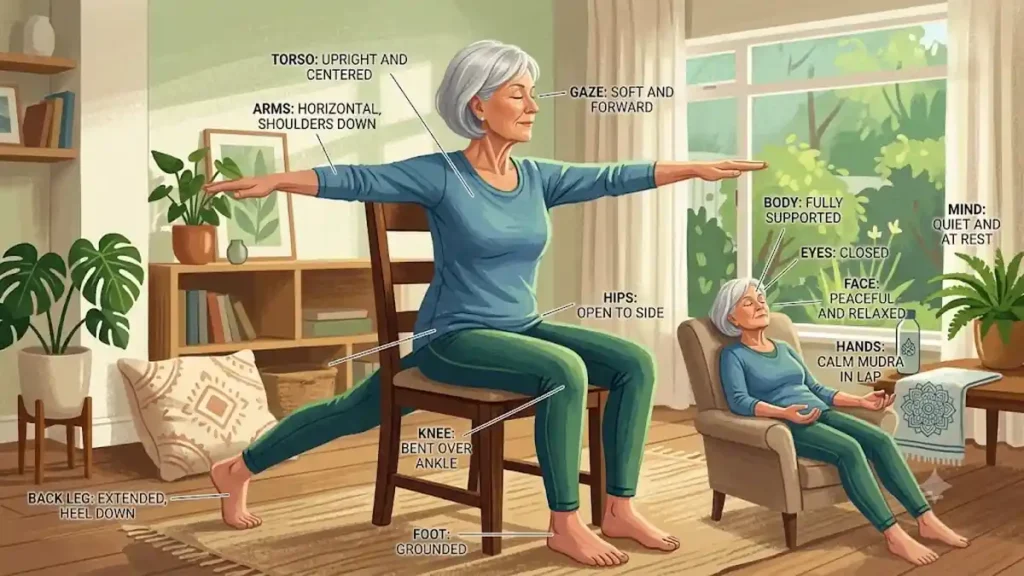 Senior woman practicing a chair yoga warrior pose followed by a seated relaxation pose at home to improve balance, strength, and flexibility. 