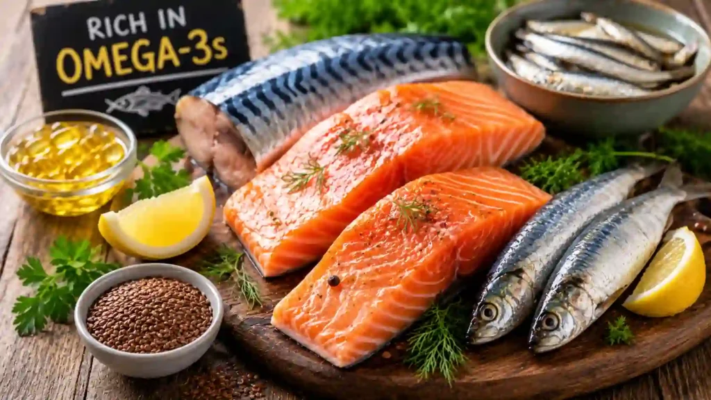 Fresh salmon, mackerel, and sardines with lemon and herbs, rich in omega-3 fatty acids that support heart, brain, and joint health for seniors.