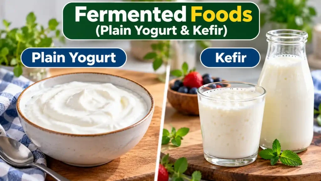 Plain yogurt and kefir shown as fermented foods in a healthy diet