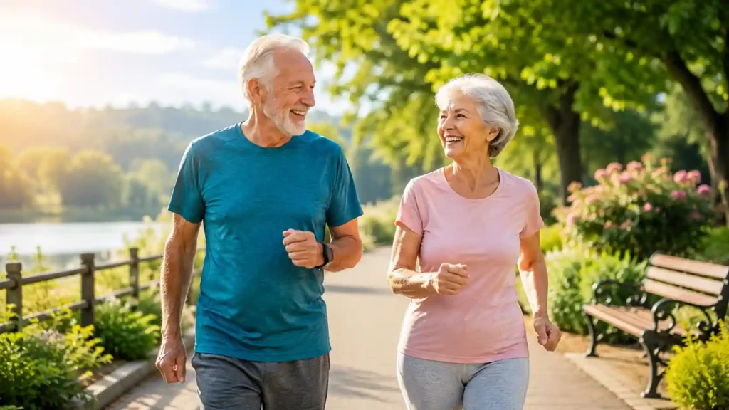 Happy senior couple enjoying a morning walk in a sunny park, promoting an active, healthy, and pain-free lifestyle after 60.