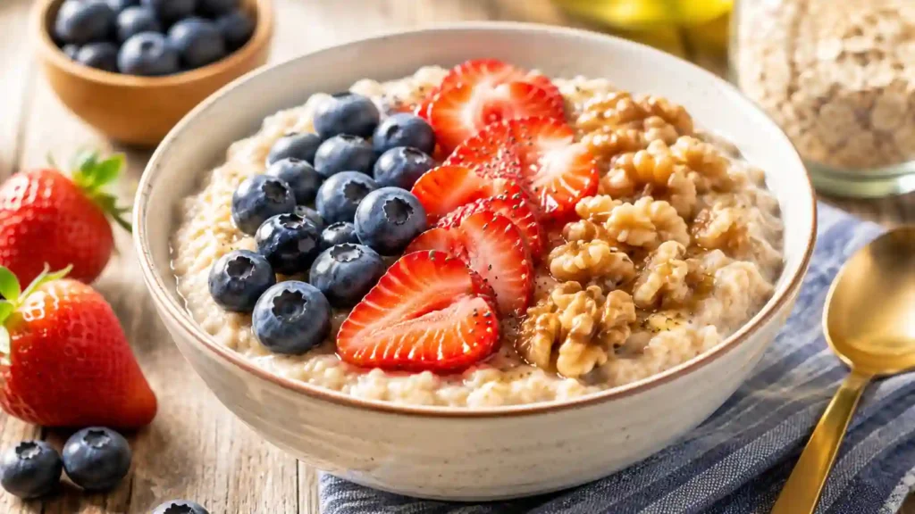 Healthy bowl of oatmeal topped with fresh blueberries, sliced strawberries, and soaked walnuts, perfect for a nutritious anti-inflammatory breakfast for seniors.