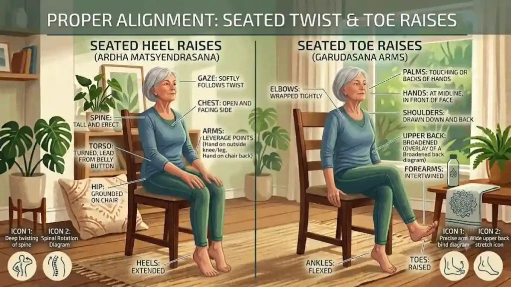 Illustrated guide showing proper alignment for chair yoga exercises, including seated spinal twist and seated toe raises, for seniors practicing safely at home.