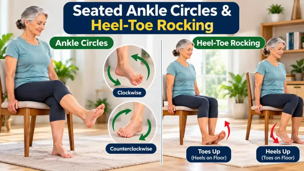 senior woman demonstrating seated ankle circles and heel-toe rocking exercises