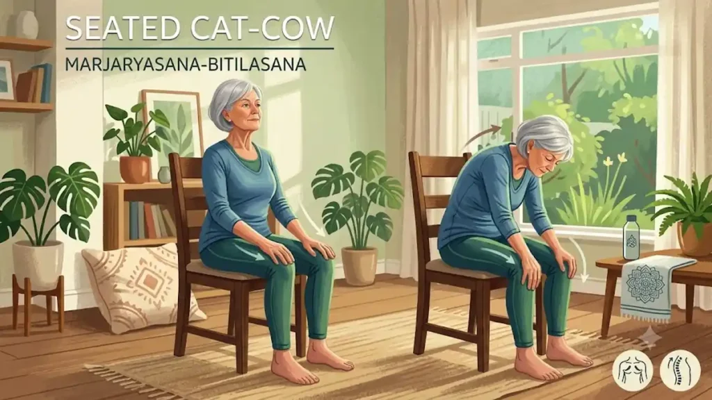 Senior woman performing the Seated Cat-Cow Pose (Marjaryasana-Bitilasana) on a chair during a gentle chair yoga routine at home.