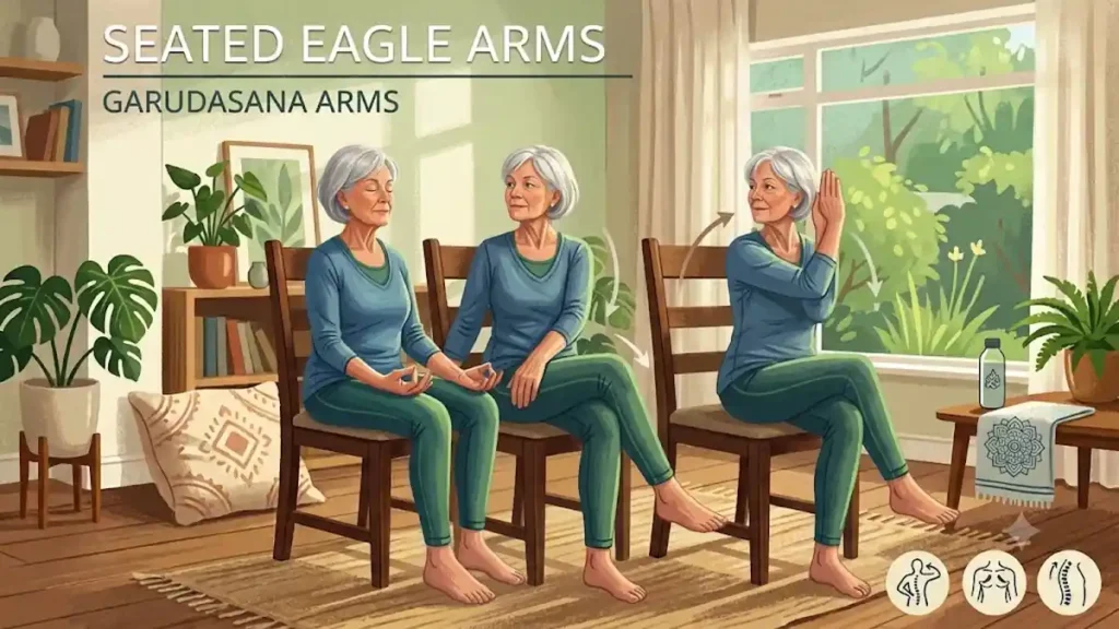 Senior woman performing Seated Eagle Arms (Garudasana Arms) during a gentle chair yoga exercise at home to improve shoulder mobility and upper back flexibility.