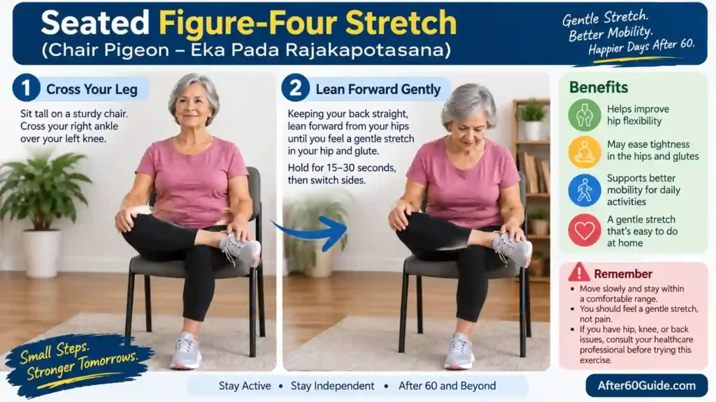 Seated figure-four stretch or chair pigeon exercise for seniors demonstrating a gentle hip and glute stretch