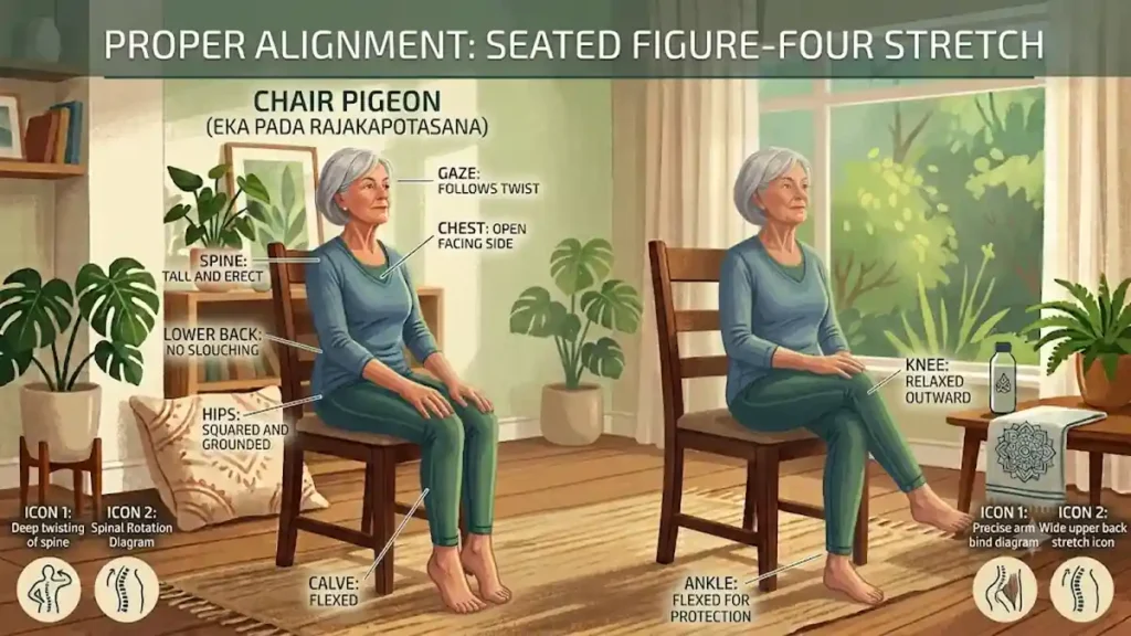 Illustrated guide showing the Seated Figure Four Stretch (Chair Pigeon Pose) for seniors practicing gentle chair yoga to improve hip flexibility and mobility at home.