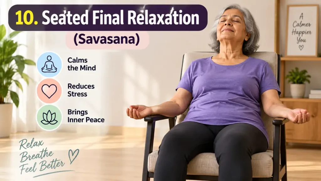 Senior woman practicing seated final relaxation (Savasana) on a chair