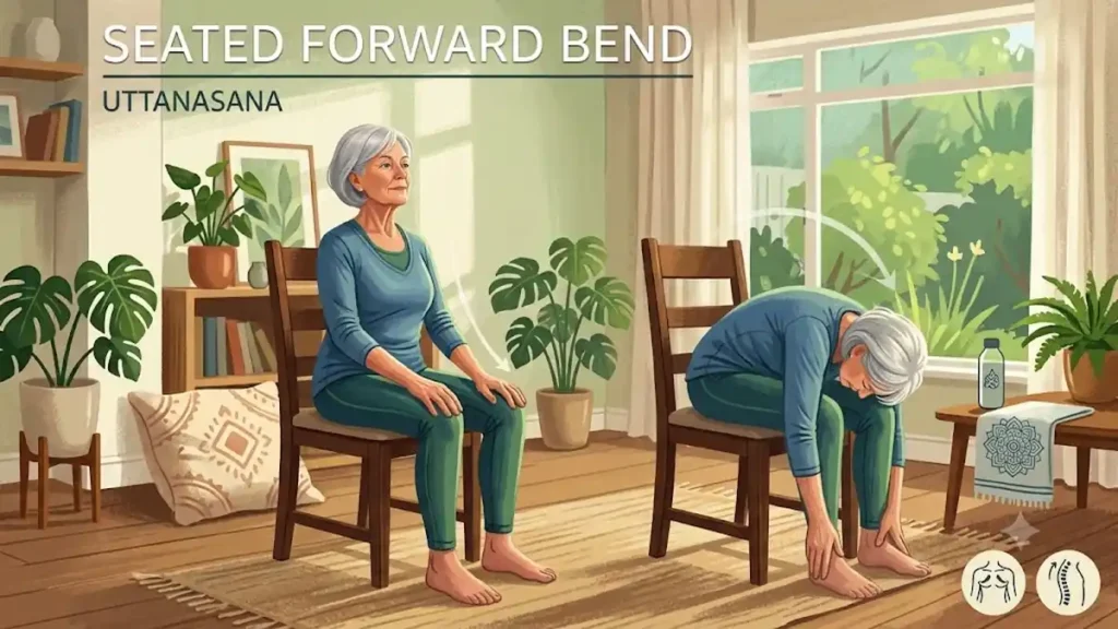 Senior woman performing the Seated Forward Bend pose during a gentle chair yoga exercise at home to improve flexibility and relieve back tension.