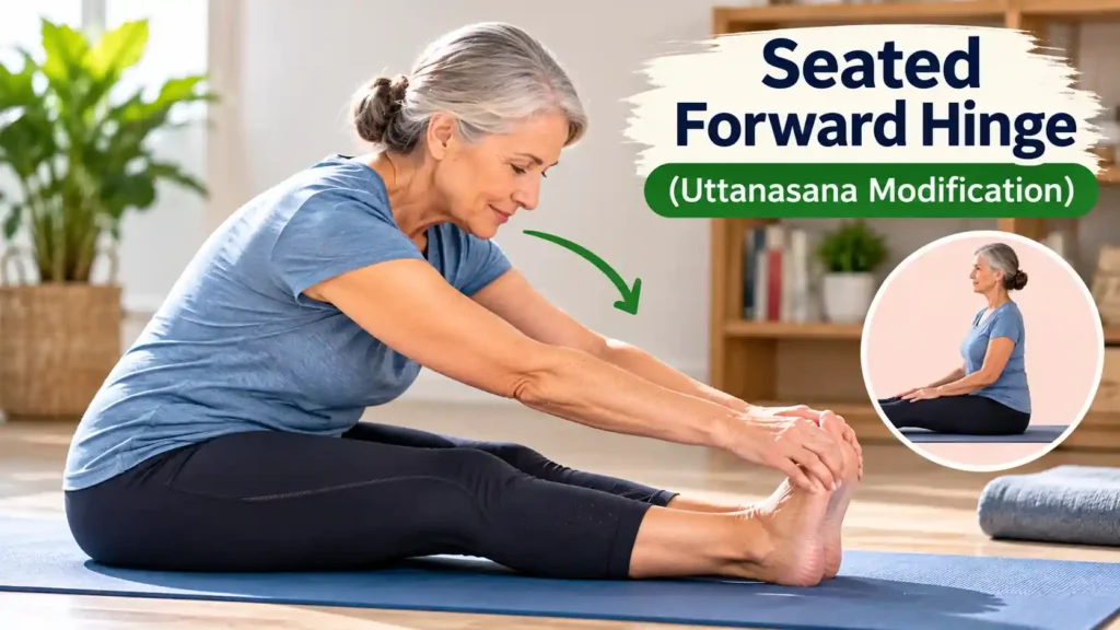 Senior woman performing a seated forward hinge Uttanasana modification on a yoga mat