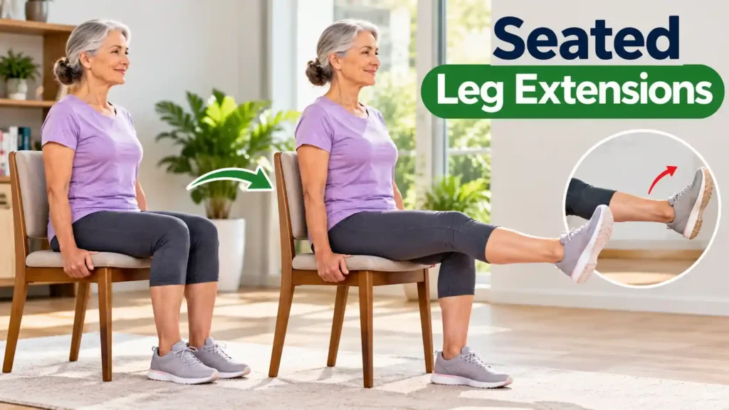Senior woman performing seated leg extensions on a chair