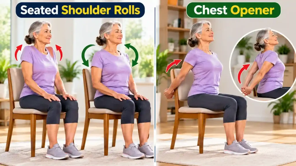 Senior woman demonstrating seated shoulder rolls and chest opener exercises