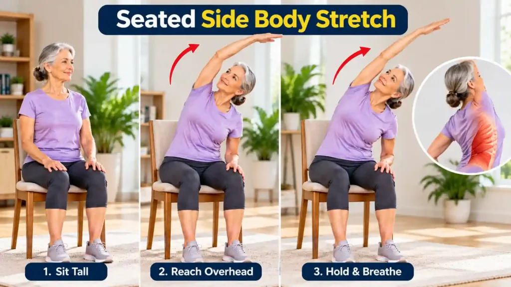 Senior woman demonstrating a seated side body stretch while reaching overhead