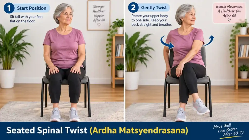 Seated spinal twist Ardha Matsyendrasana exercise for seniors demonstrating a gentle chair-based torso rotation