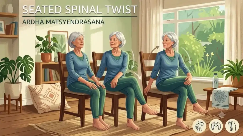 Senior woman performing the Seated Spinal Twist (Ardha Matsyendrasana) during a gentle chair yoga exercise at home to improve spinal mobility and flexibility. 