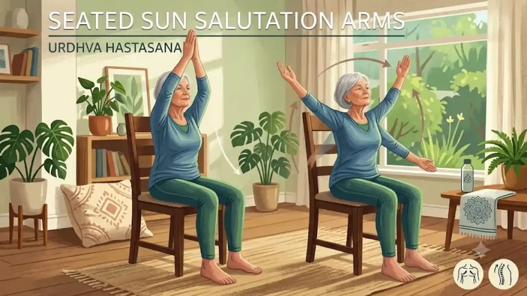 Senior woman performing Seated Sun Salutation Arms (Urdhva Hastasana) during a gentle chair yoga exercise at home to improve flexibility, posture, and shoulder mobility. 