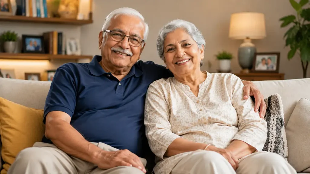Senior couple discussing long-term care financial options.