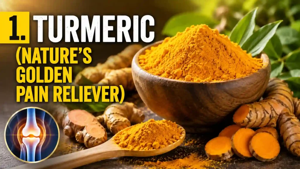 Fresh turmeric powder and turmeric roots in a wooden bowl, highlighting turmeric as a natural pain reliever for joint pain and inflammation in seniors.