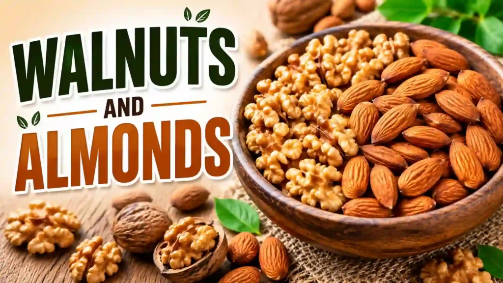 Wooden bowl filled with walnuts and almonds, rich in healthy fats and nutrients that support bone strength and brain health for seniors.