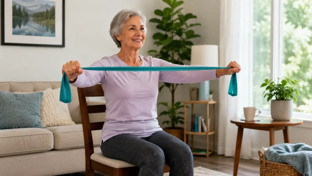 Senior sitting on a sturdy chair practicing gentle resistance band arm exercises at home