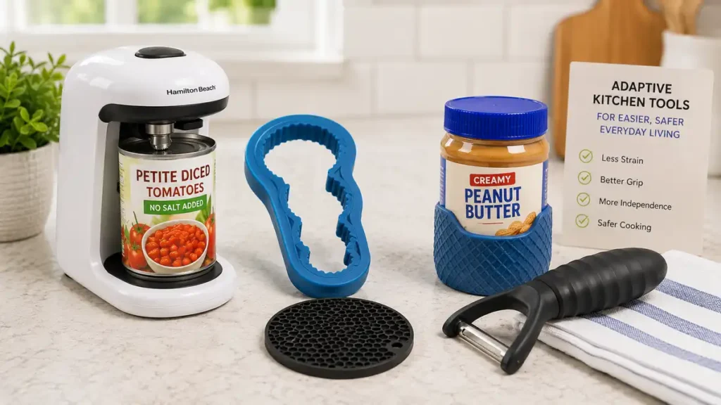 Collection of adaptive kitchen tools featuring the best electric can opener for seniors with weak hands and arthritis