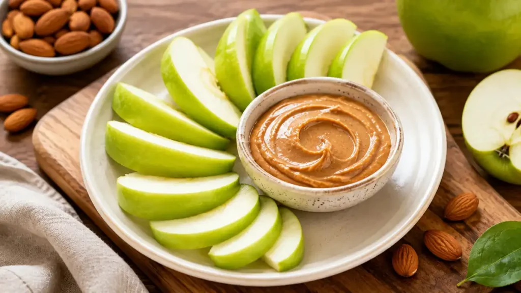 Sliced green apples paired with natural almond butter as a balanced blood sugar snack