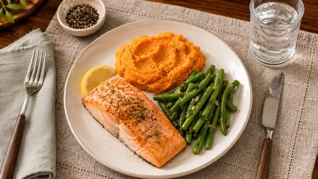 Balanced senior dinner plate featuring tender baked salmon, mashed sweet potatoes, and steamed green beans