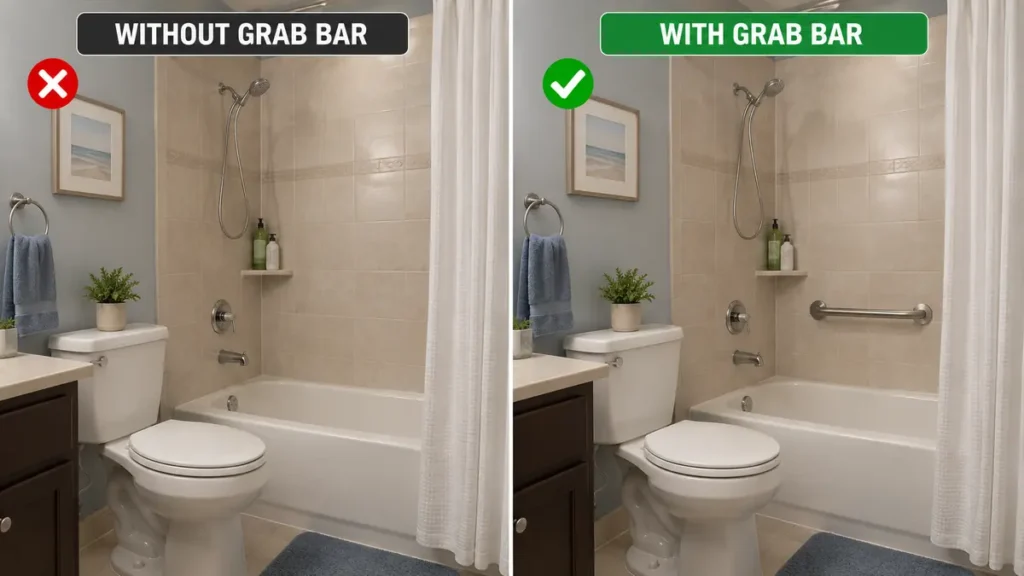 Comparison of a bathroom without a grab bar and the same bathroom with a wall-anchored grab bar installed for senior safety and fall prevention. 