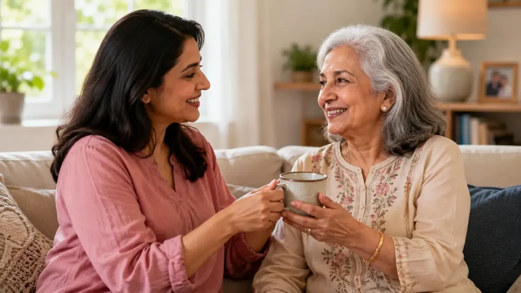 Adult daughter offering a warm mug of herbal tea to her aging parent in a sunlit room