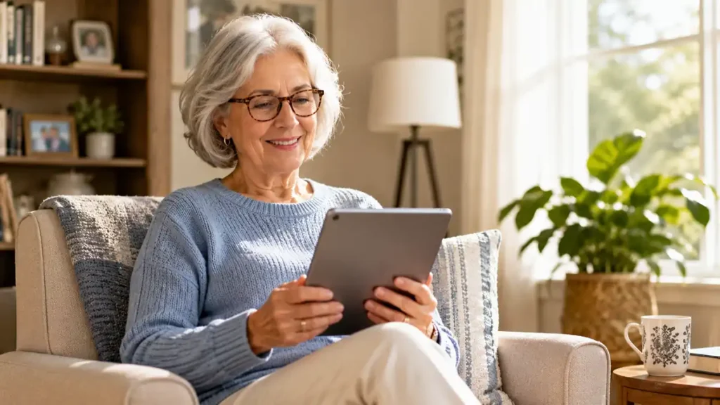 Smiling senior woman using a digital tablet connected to affordable home Wi-Fi