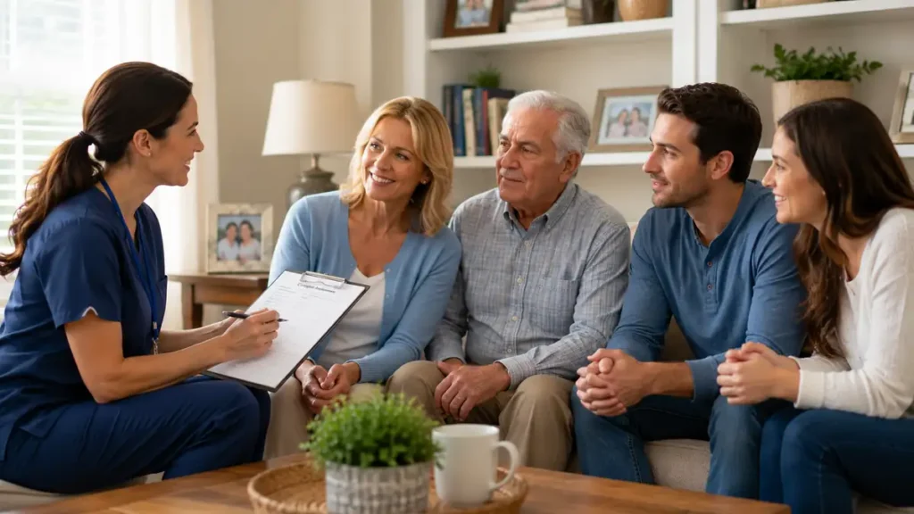 Family interviewing a professional in-home caregiver while discussing senior care needs in a comfortable living room.