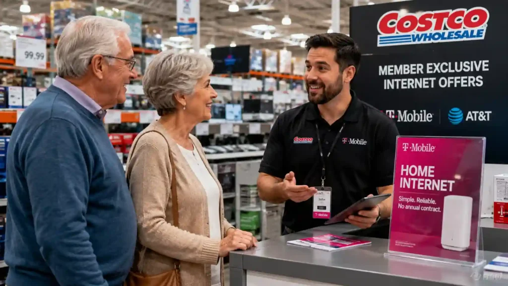 Senior couple speaking with a friendly internet representative at a Costco warehouse kiosk while exploring home internet options.