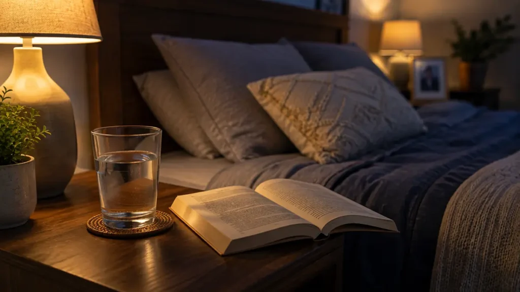 Quiet bedroom side table with a glass of water and reading book for restful sleep.