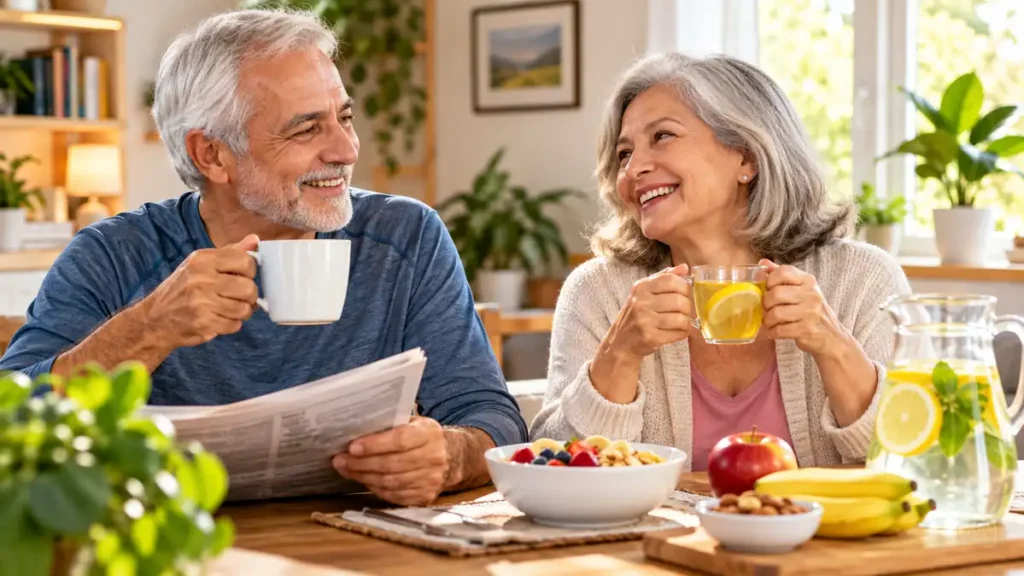 Senior couple enjoying a calm morning routine at home, daily routines for seniors