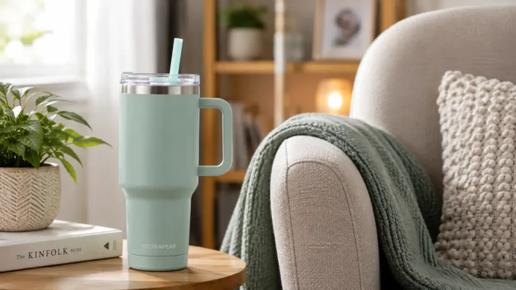 Lightweight insulated tumbler with a straw placed on a living room side table next to a senior armchair