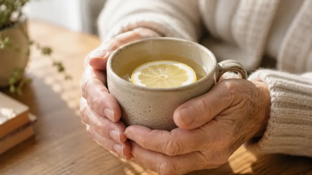 Senior holding a warm mug of water with a lemon slice on a wooden table