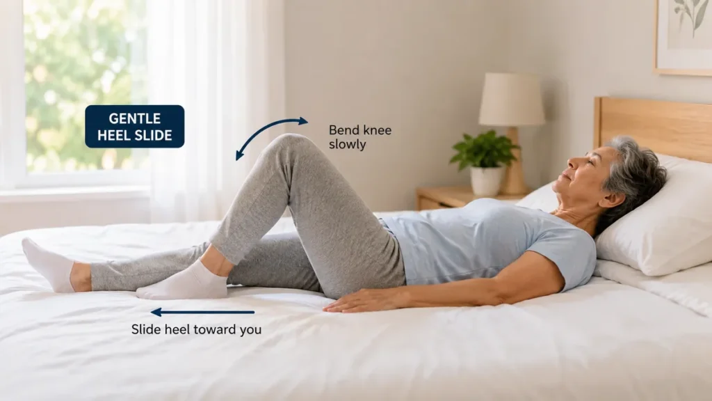 Close-up demonstration of gentle heel slides during bed mobility exercises for seniors with stiff joints