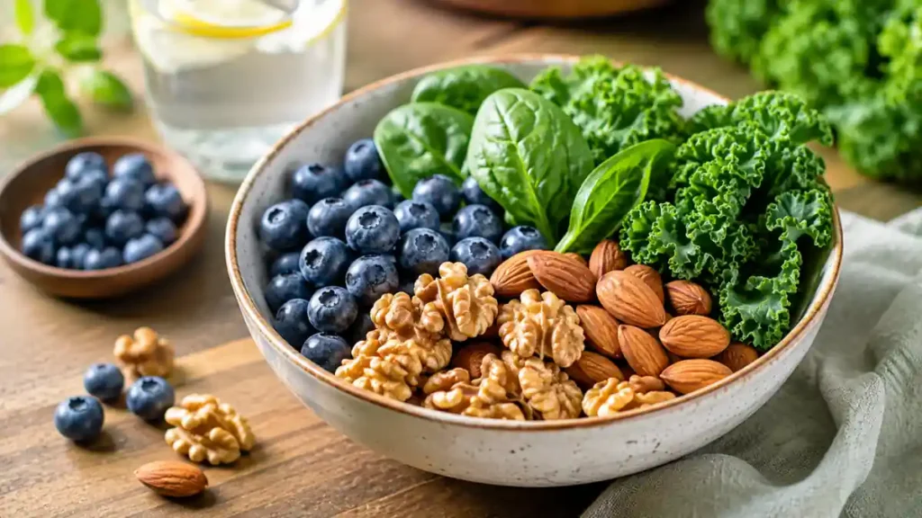 Fresh bowl of walnuts, berries, and leafy greens for senior brain nutrition.