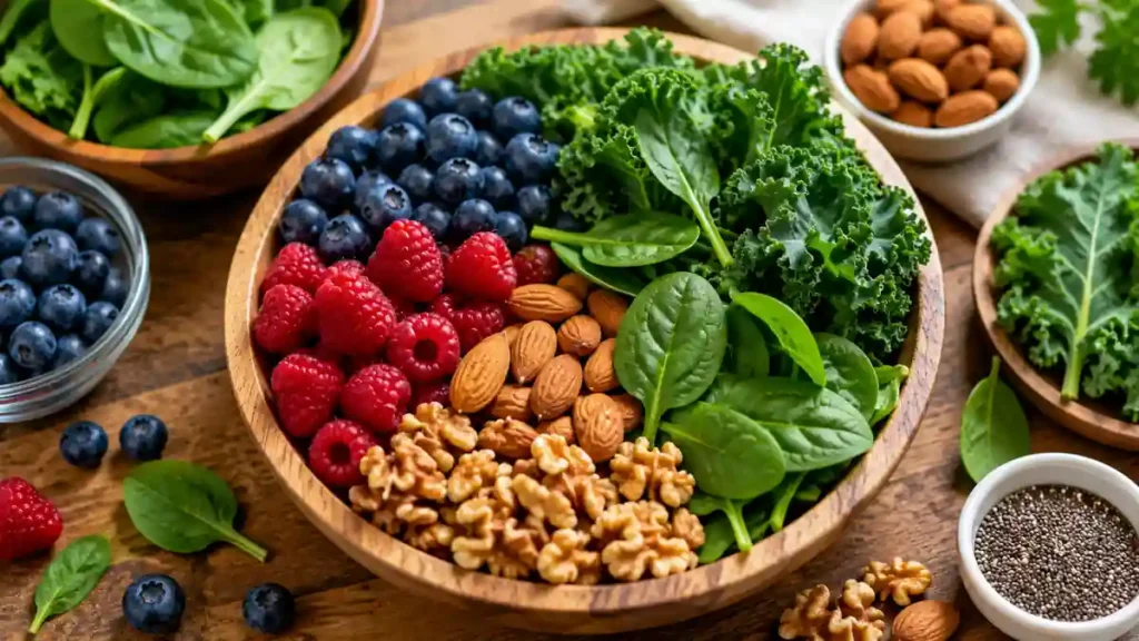Selection of high-fiber berries, raw nuts, and leafy greens for steady glucose control
