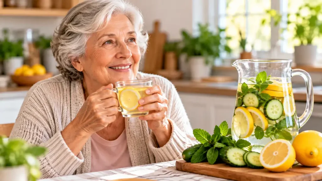Senior woman enjoying a warm drink beside an infused water pitcher, hydration tips for seniors