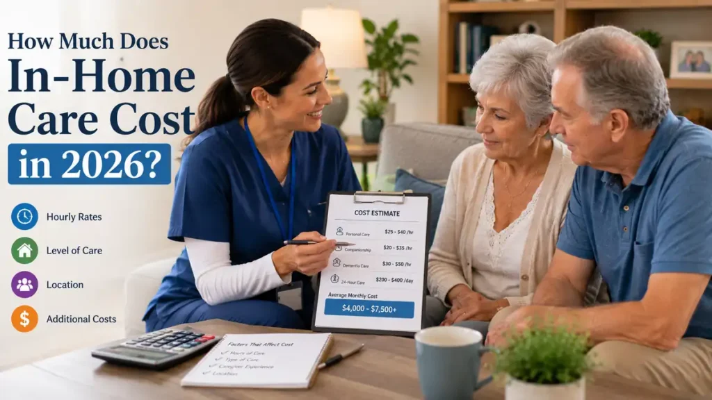 Professional caregiver explaining in-home senior care costs to an elderly American couple during a home consultation.