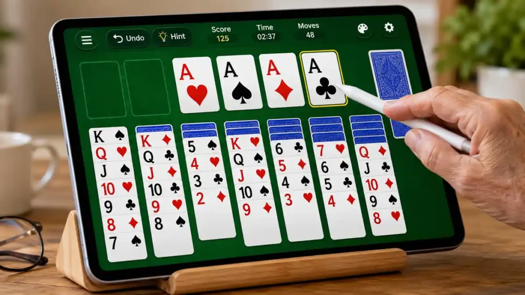 Vita Solitaire for Seniors large-print card interface with high contrast theme