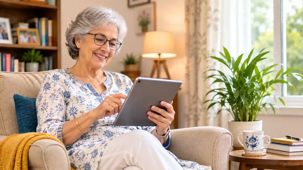 Senior woman sitting in a comfortable armchair using a tablet computer