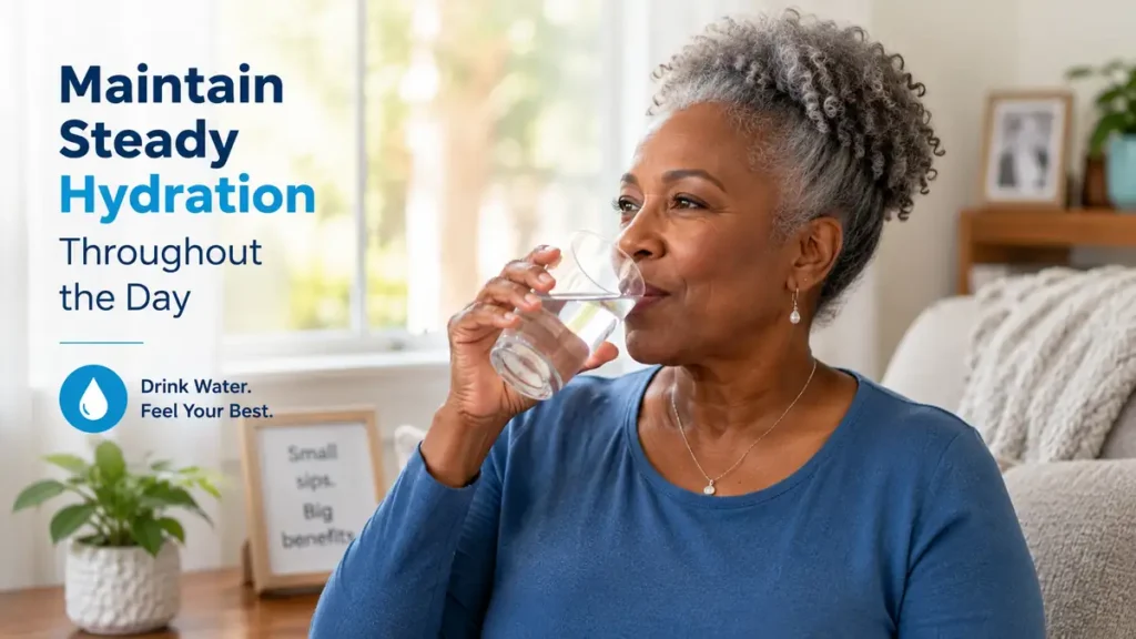 woman over 60 drinking water to maintain steady hydration throughout the day