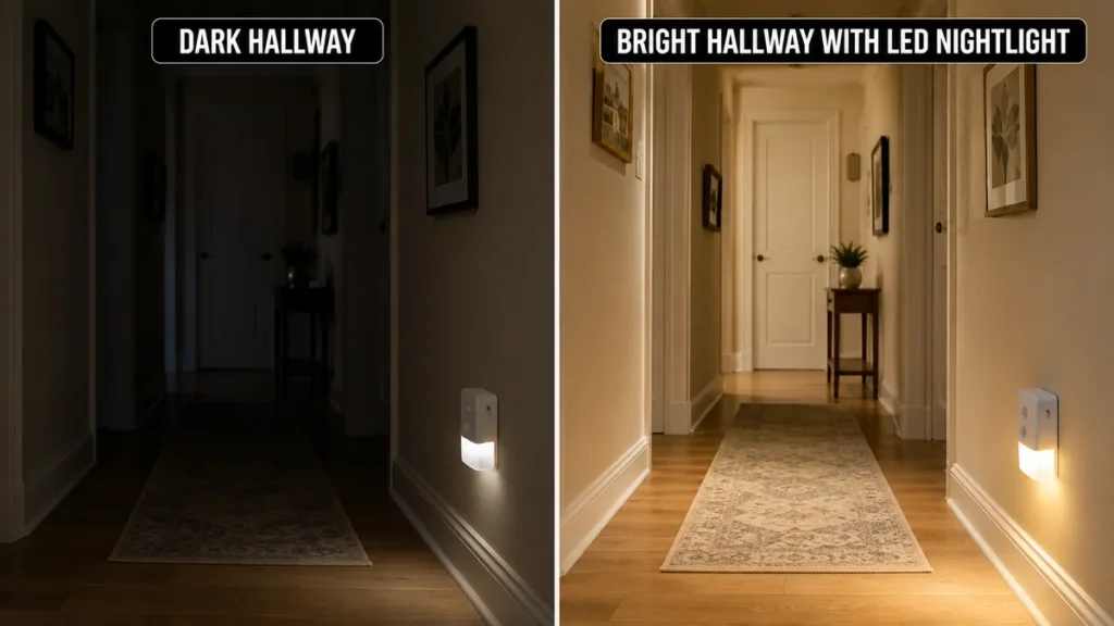 Comparison of a dark hallway and a bright hallway with a motion-sensor LED nightlight to improve senior home safety and prevent falls.