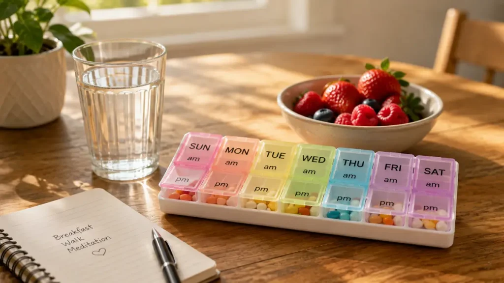 Weekly daily routine pill organizer and water tumbler on a sunlit kitchen table for seniors