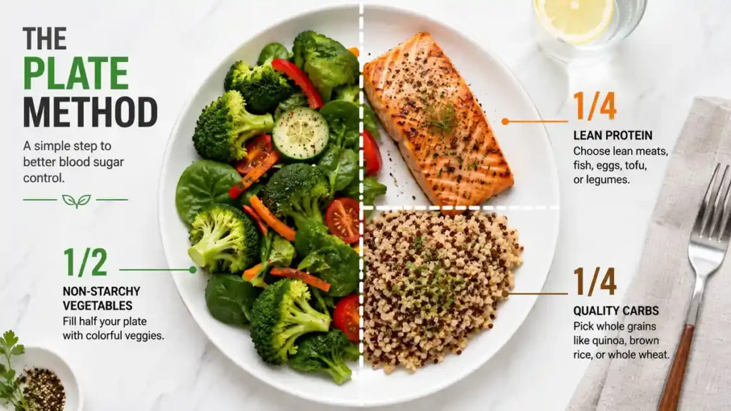 The Diabetes Plate Method showing half non-starchy vegetables quarter lean protein and quarter whole grains